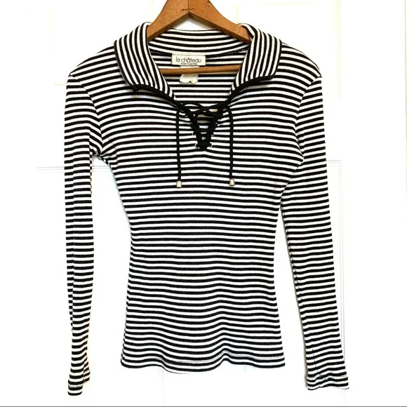 Vintage 90’s Le Chateau Long Sleeve Lace-up Top Black and White Stripe Size XS - Picture 1 of 8